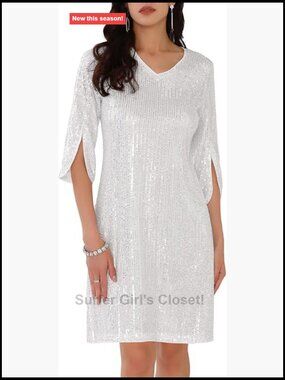 Sequin Shift Dress Short Split Sleeves V Neck Party Cocktail Mini Sparkle